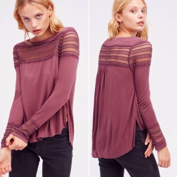 Free People Tops - Free People Roxie Mesh Detail long Sleeve Mauve Berry Top Women's Large